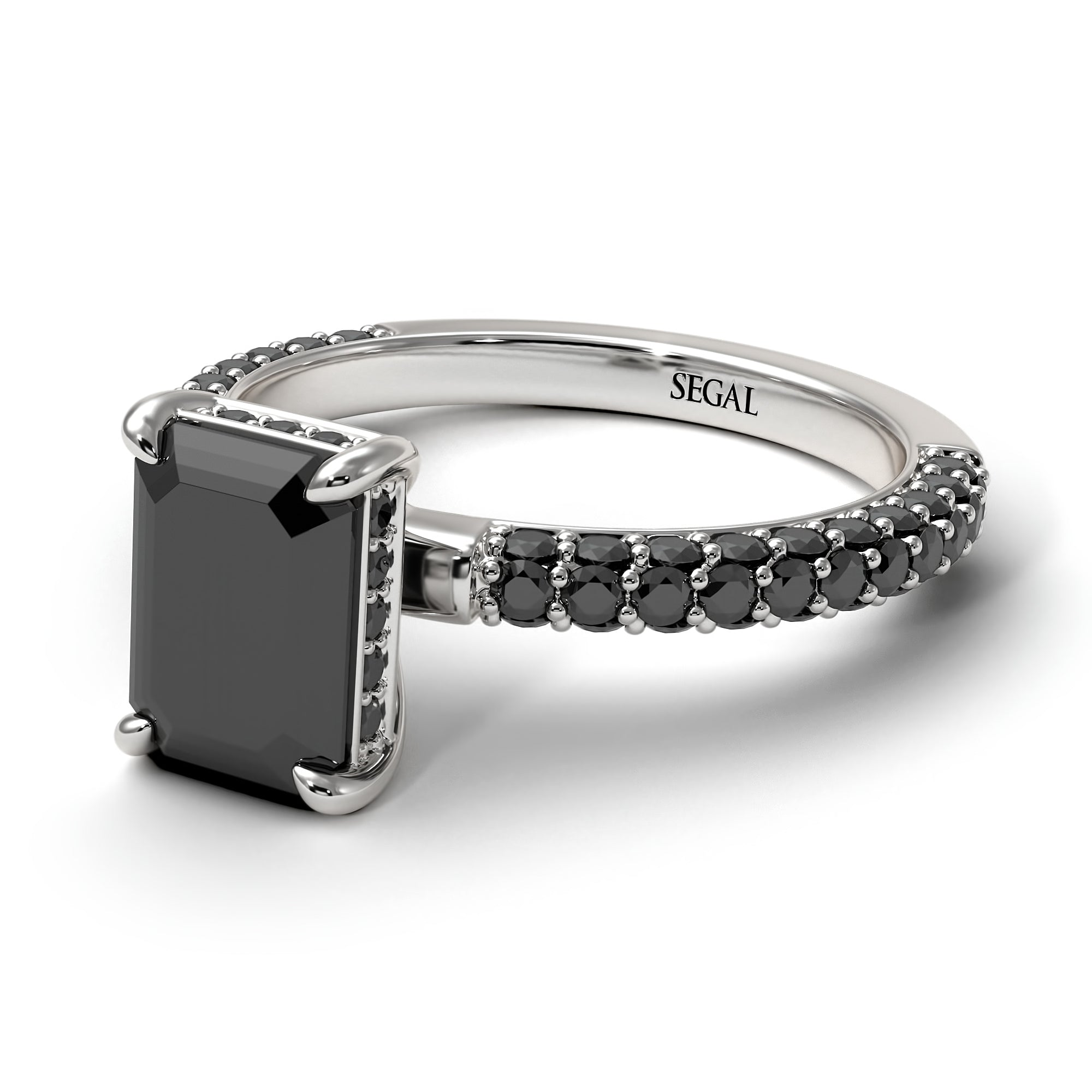 Hidden Halo Emerald Cut Black Diamond Engagement Ring - Ximena No. 39